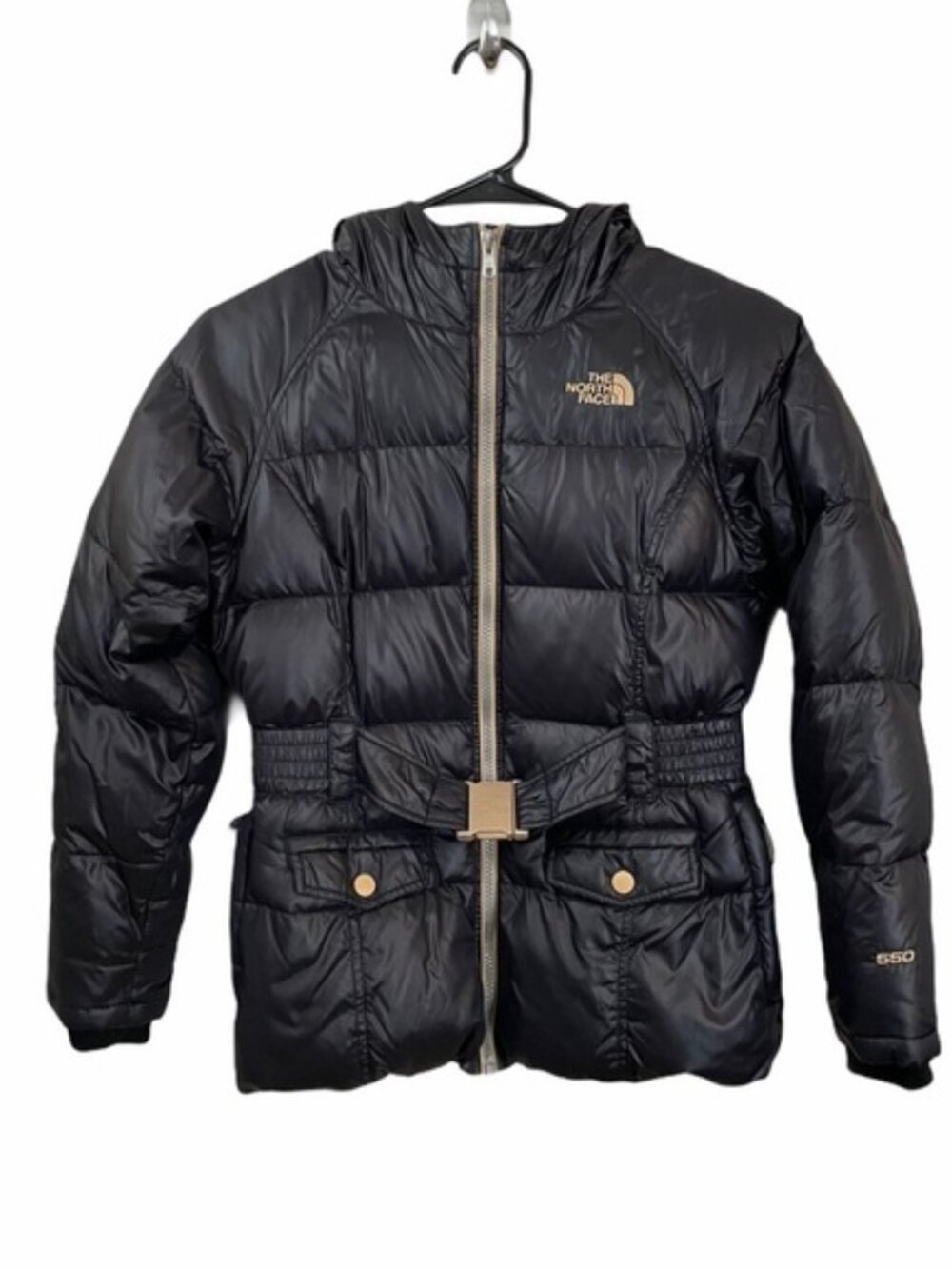 North Face 550 Belted Goose Down Cocolee Black Gold Puffer Jacket. GIRLS 14/16